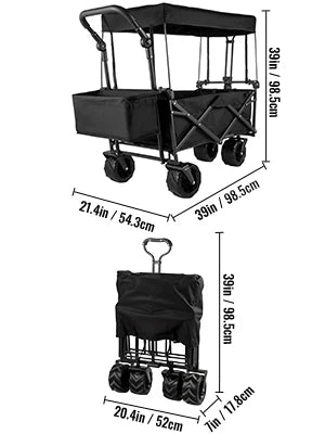 Extra-Large, Collapsible, Garden-Cart W/ Removable-Canopy, Folding, Wagon-Utility-Cart W/ Wheels & Rear-Storage,