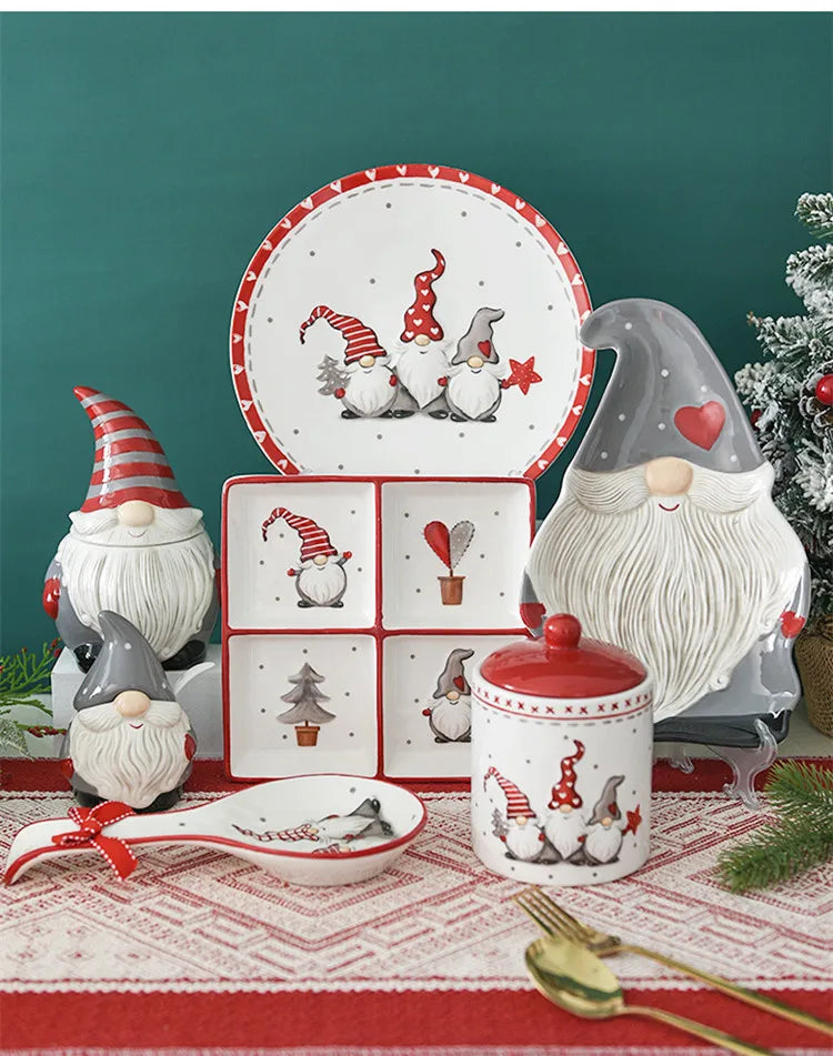 Nordic Santa Claus Dish Embossed Rice Salad Bowl Ceramic Flat Plate Cup Teapot Christmas Tableware Gift