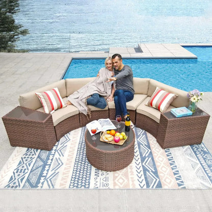 Outdoor-Furniture, Patio-Sets: 7-Piece Wicker-Half-Moon Sectional-Sofa w/Round Coffee-Table,