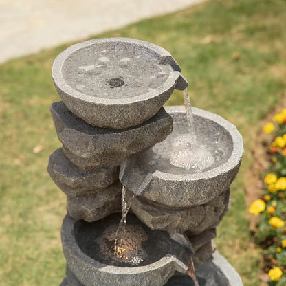 Decorative, Polyresin-Stone, 4-Tiered Bowls Fountain w/LED Lights, Outdoor