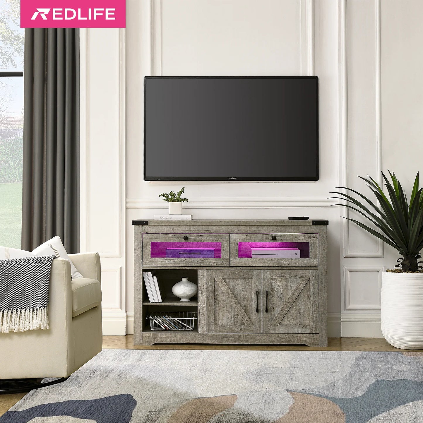 Wood-TV-Stand/Entertainment-Center, Up to 65" TV, LED-Light-Storage-Cabinet