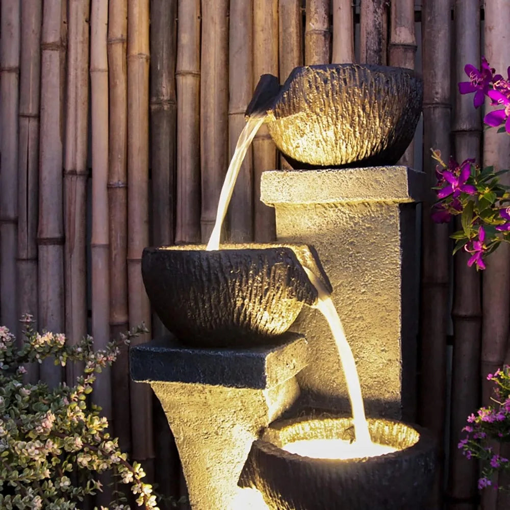 LED Outdoor Water Fountain, 37.4”H   Natural Polyresin