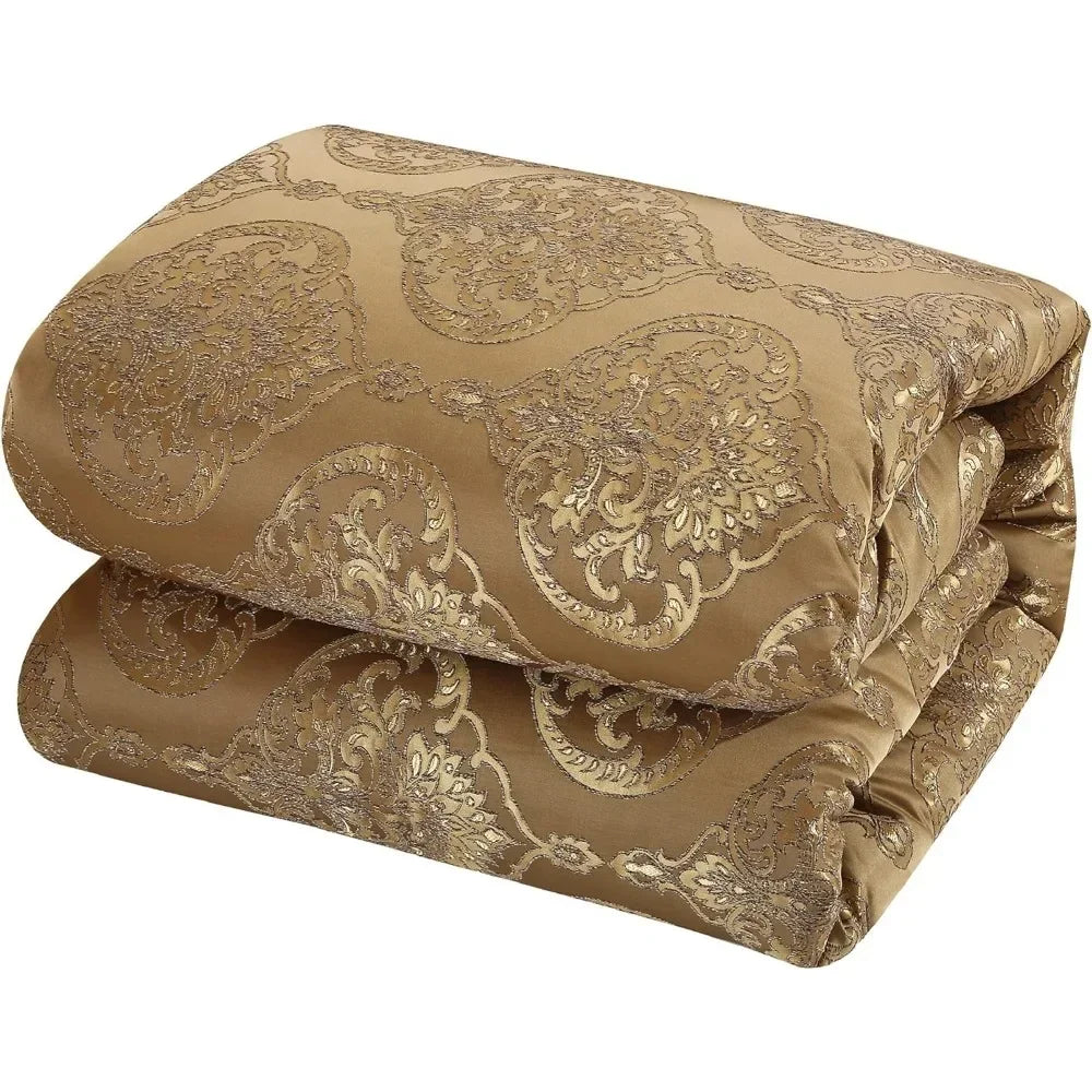 Gold King Comforter Set & Pillows Ensemble, Quality Jacquard Motif Fabric