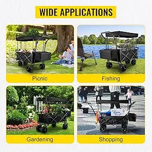 Extra-Large, Collapsible, Garden-Cart W/ Removable-Canopy, Folding, Wagon-Utility-Cart W/ Wheels & Rear-Storage,