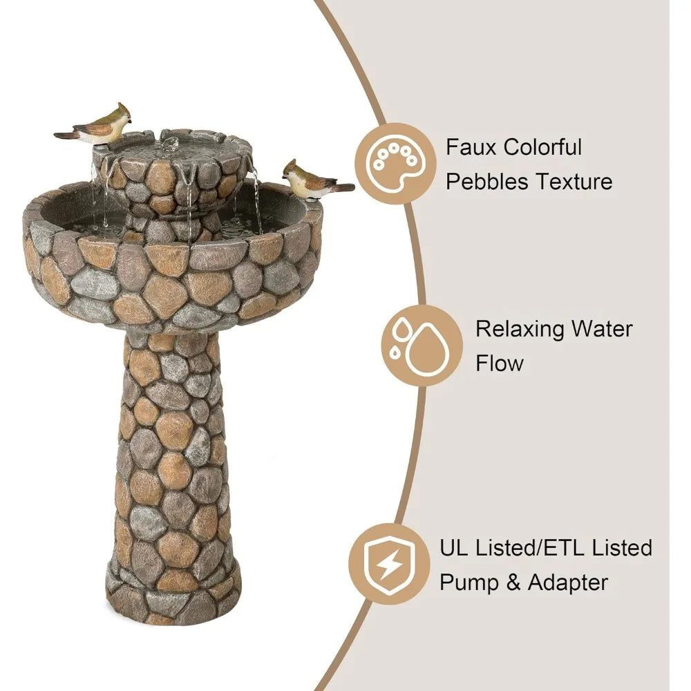 Outdoor, Water-Fountain/ Bird-Bath, w/Quiet Submersible Pump,2-Tier Stone-Like