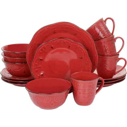 Rustic Birch 16 Piece Embossed Scalloped Stoneware Dinnerware Set