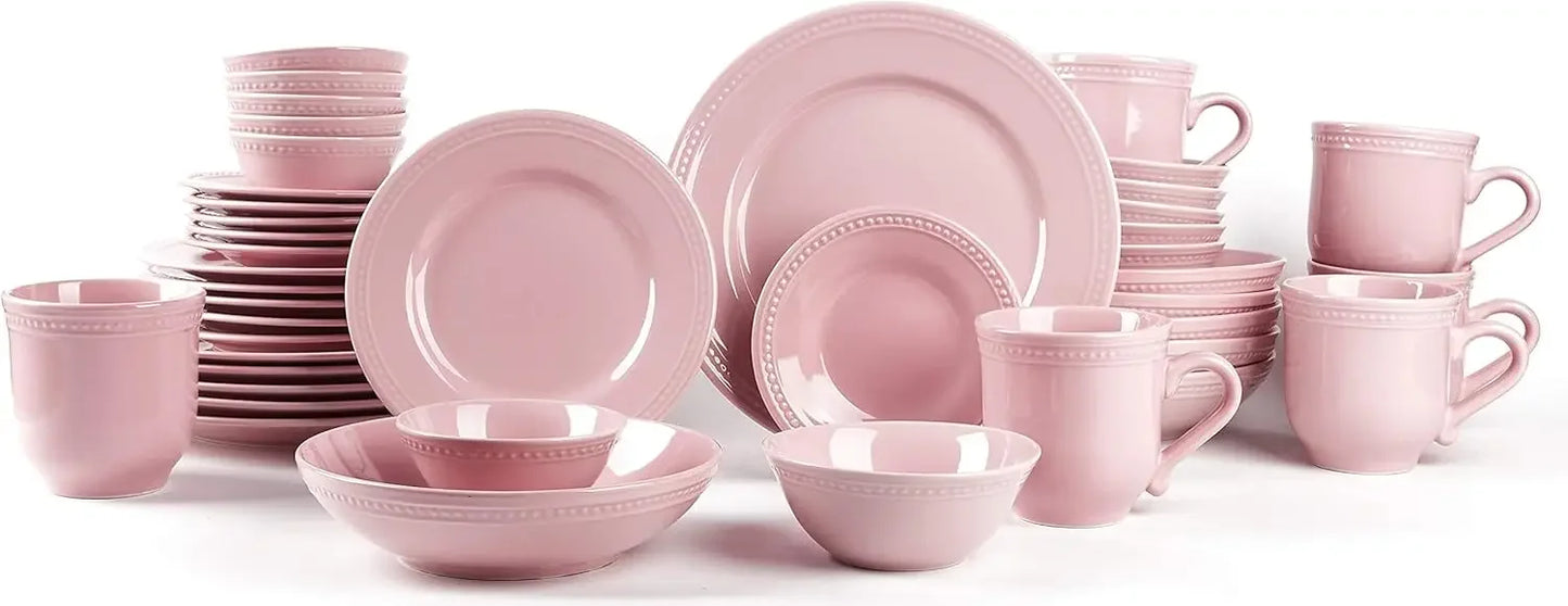 42pc Pink, Pearl Dot Ceramic/Stoneware Dinnerware, Dishwasher/ Microwave Safe