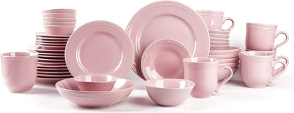 42pc Pink, Pearl Dot Ceramic/Stoneware Dinnerware, Dishwasher/ Microwave Safe