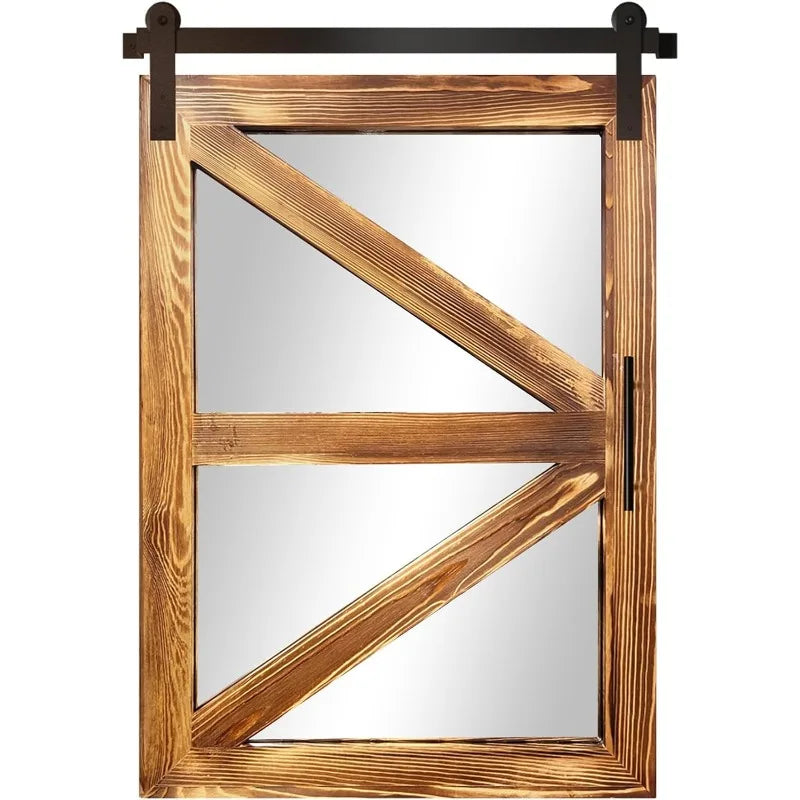 Farmhouse-Barn Door-Mirror, 30" x 21", Rustic, Wood-Framed-Mirror for Bathroom or Wall-Decor