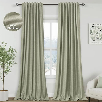 Thermal Insulated 100% Blackout Linen Drapes, Pleated Look