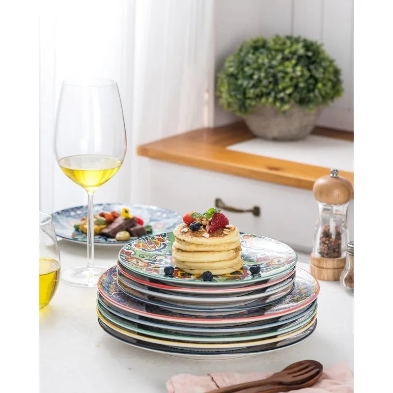 Ceramic-Porcelain, 6-Dinnerware-Sets, Multicolor-Large Plates, Bohemian-Design, Dishwasher-Safe