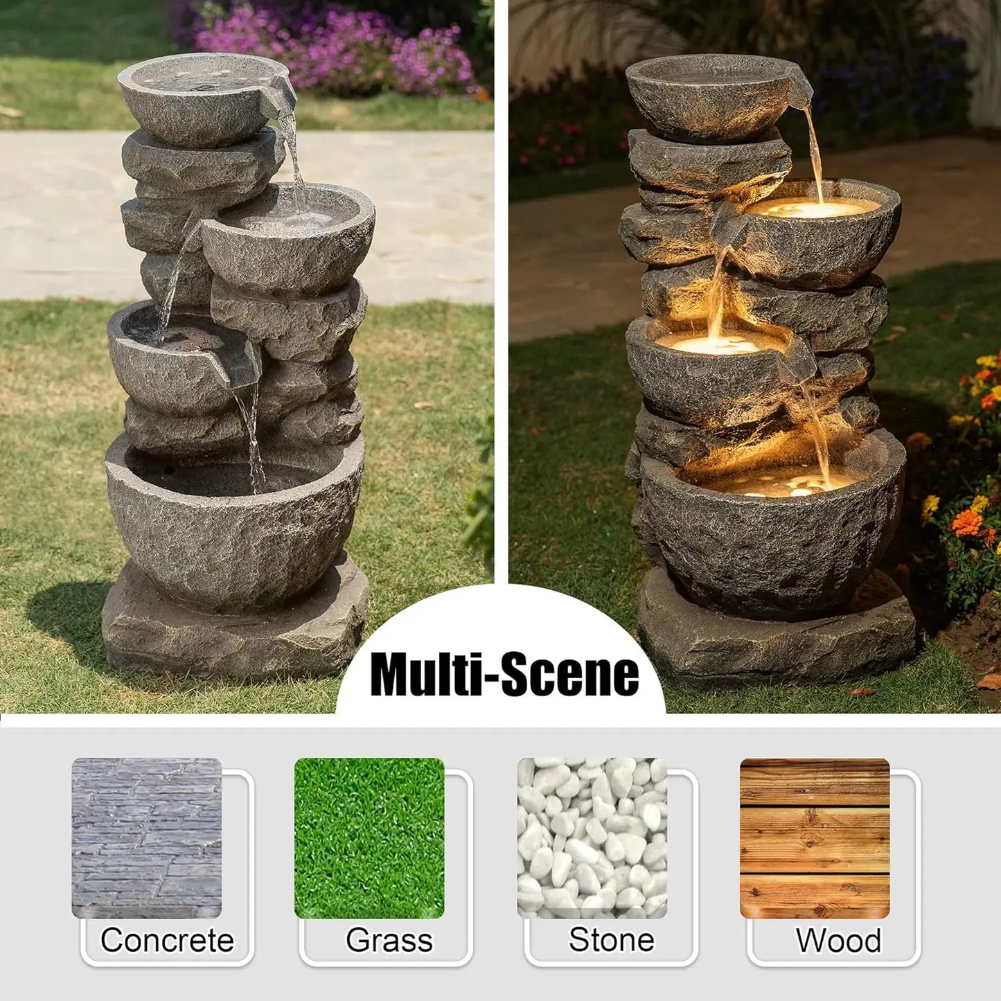 Decorative, Polyresin-Stone, 4-Tiered Bowls Fountain w/LED Lights, Outdoor