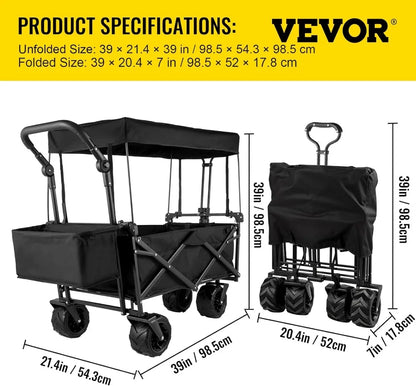 Extra-Large, Collapsible, Garden-Cart W/ Removable-Canopy, Folding, Wagon-Utility-Cart W/ Wheels & Rear-Storage,