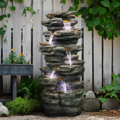 6-Tiers Outdoor, Rock, Cascading Waterfall Fountain with LED Lights, Soothing Tranquility