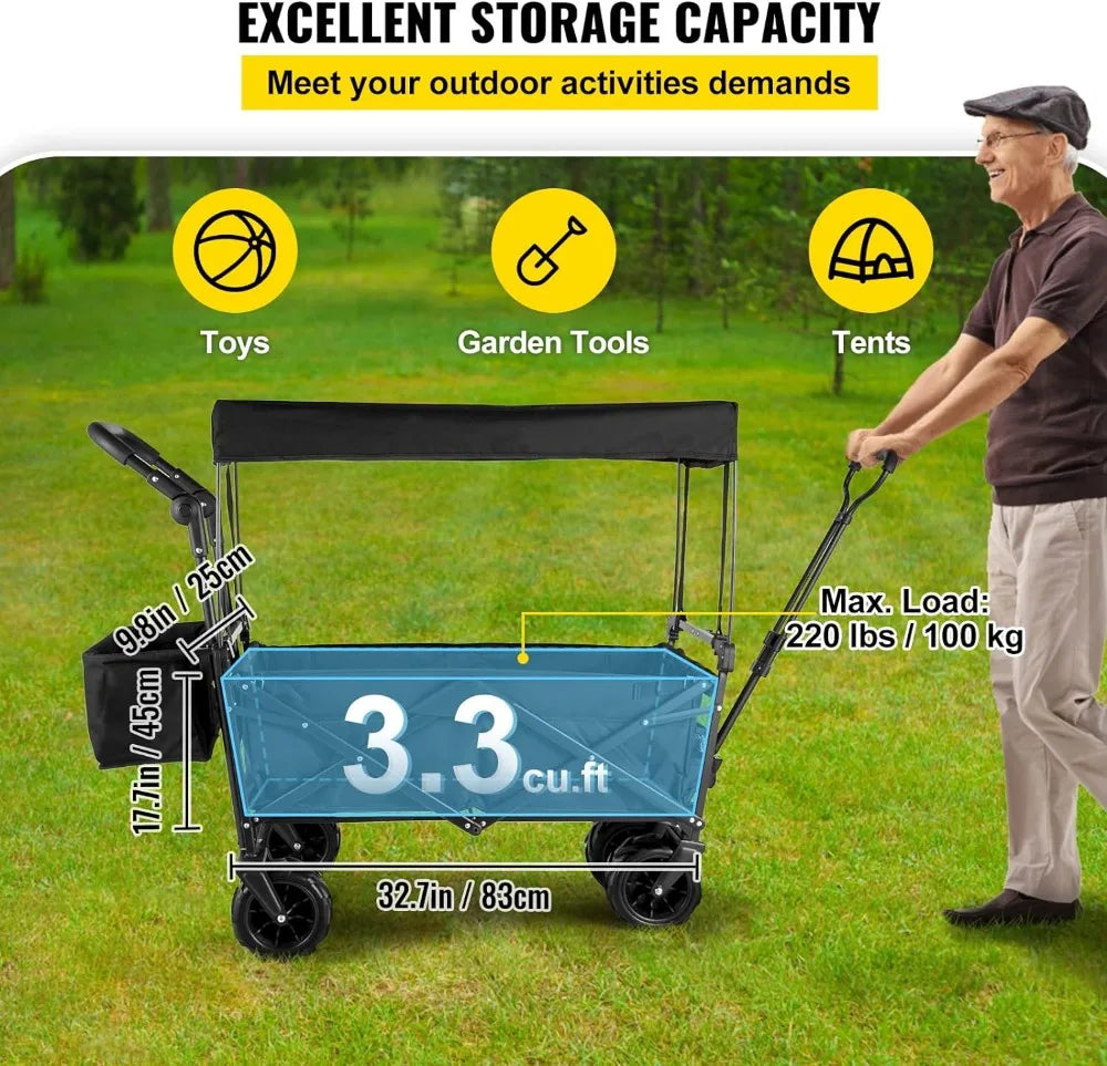 Extra-Large, Collapsible, Garden-Cart W/ Removable-Canopy, Folding, Wagon-Utility-Cart W/ Wheels & Rear-Storage,