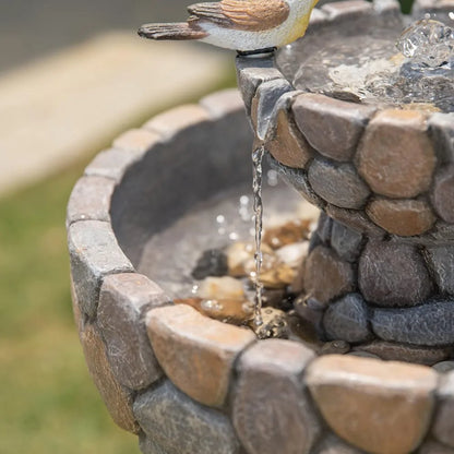 Outdoor, Water-Fountain/ Bird-Bath, w/Quiet Submersible Pump,2-Tier Stone-Like