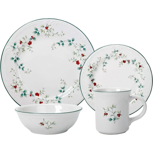 Winterberry Holiday 16 Piece Dinnerware Set, Service for 4, White