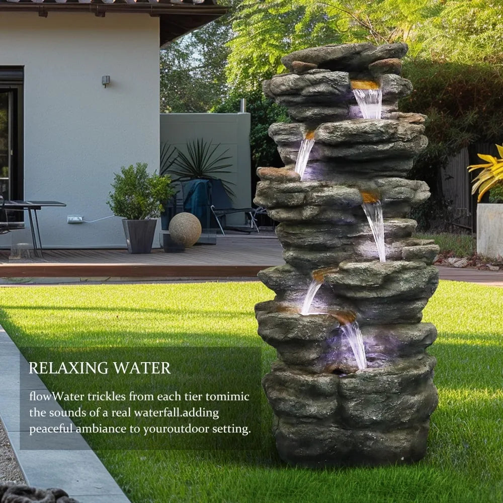 6-Tiers Outdoor, Rock, Cascading Waterfall Fountain with LED Lights, Soothing Tranquility