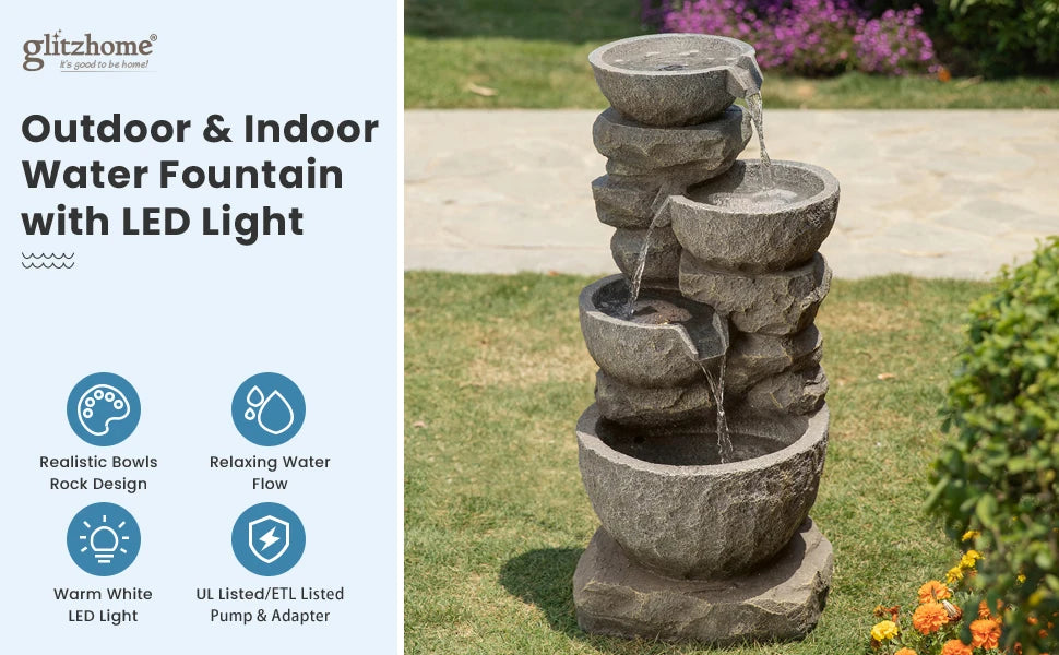 Decorative, Polyresin-Stone, 4-Tiered Bowls Fountain w/LED Lights, Outdoor