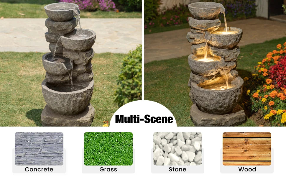 Decorative, Polyresin-Stone, 4-Tiered Bowls Fountain w/LED Lights, Outdoor