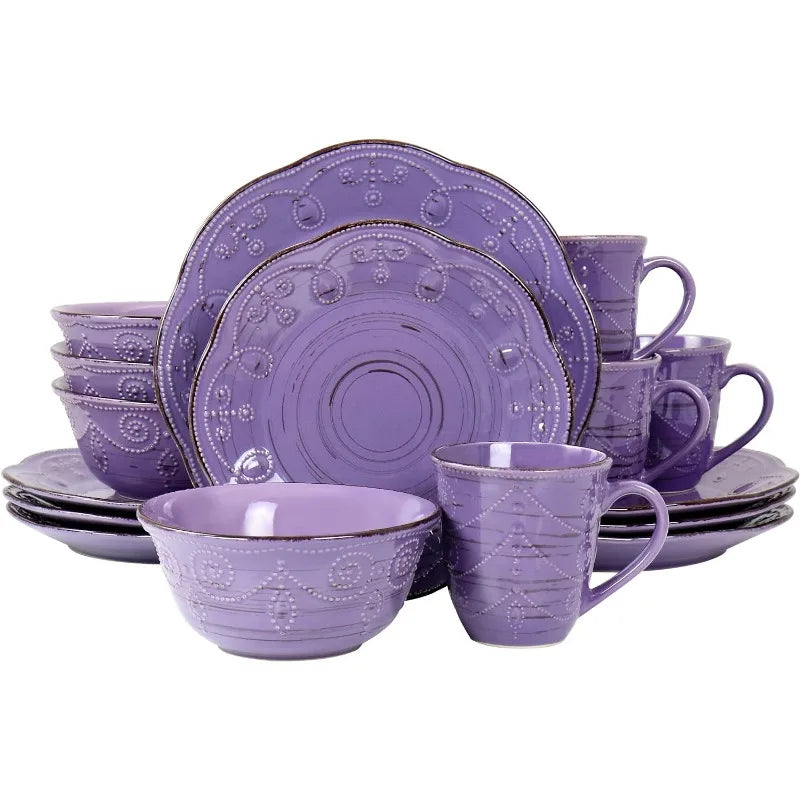 Rustic Birch 16 Piece Embossed Scalloped Stoneware Dinnerware Set